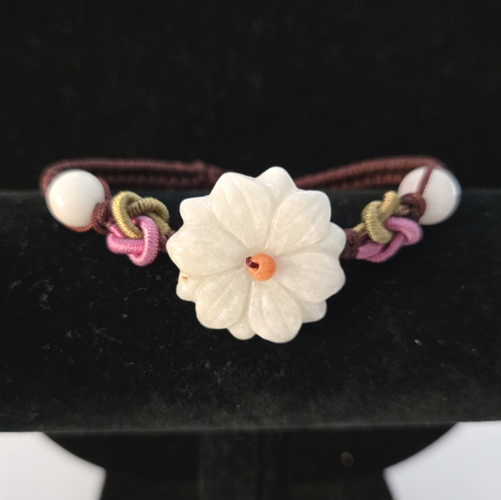 White Carved Flower Jadite Jade On Silk Cording Adjustible Bracelet EUC 6-10"